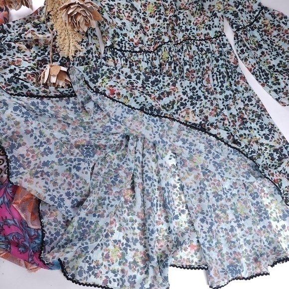 Anthropologie Bhanuni Multicolored Teal Black Floral Sheer Dress Sz 2 Pe… - Picture 8 of 12
